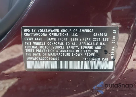 2013 Volkswagen Passat 2.5L S из США, поврежденный, VIN 1VWAP7A32DC106209